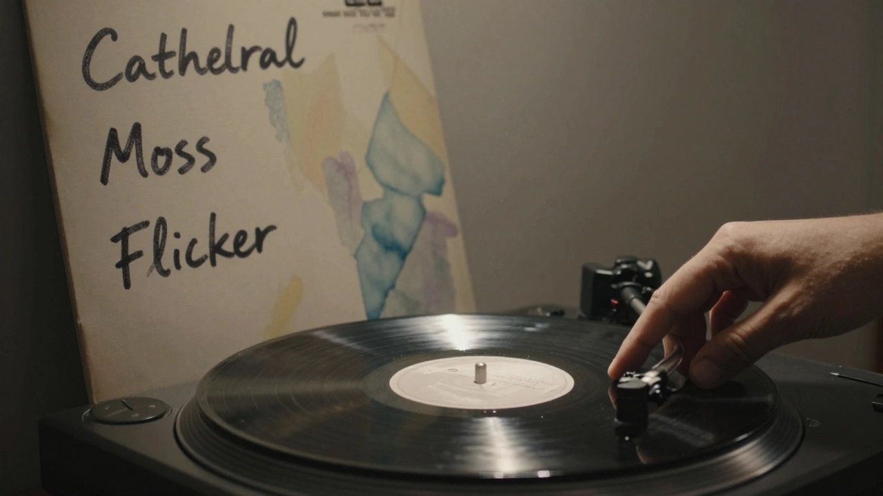 A hand placing a vinyl record on a turntable, with handwritten playlist names on the wall behind.